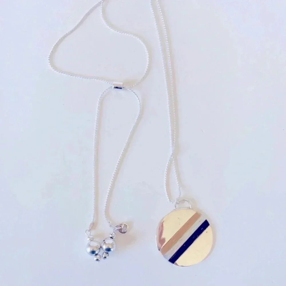 Marlyn Schiff Geometric Striped Disc Pendant Necklace Long Chain